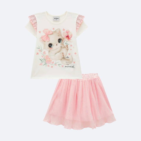 Conjunto Infantil Kukiê Blusa Strass e Saia Tule Branca e Rosa  - frente do conjunto blusa e saia infantil