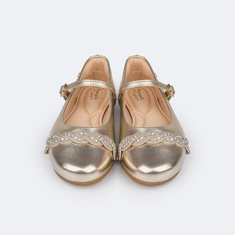 Sapato Infantil Feminino Pampili Angel Tira Glitter e Strass Dourado - frente sapatilha dourada
