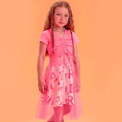 Conjunto Kids Petit Cherie Letras Tule Rosa Neon - 6 a 12 Anos - menina com o conjunto