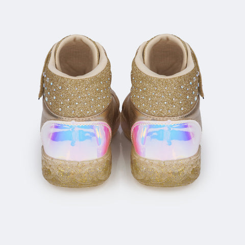 Tênis de Led Cano Médio Infantil Pampili Sneaker Luz Holográfico Dourado - traseira holográfica