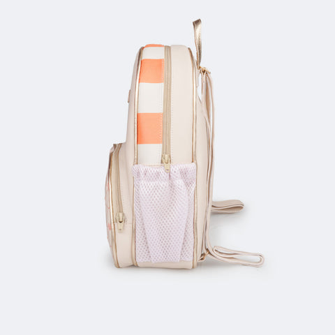 Mochila Infantil Pampili Matelassê Corações Nude Dourada e Laranja Toffe - lateral da mochila com bolso em nylon 