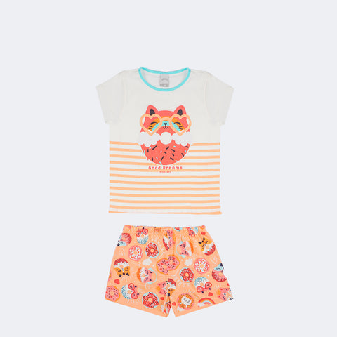 Pijama Feminino Pré-Adolescente Alakazoo Brilha no Escuro Gato Donuts Salmão - frente do pijama estampado