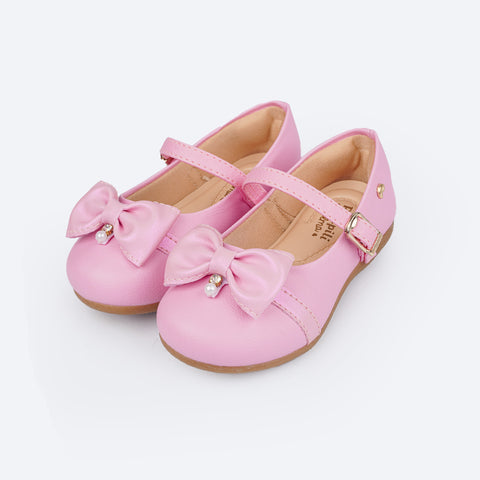 Sapato Infantil Pampili Mini Angel Pérola e Laço Cintilante Rosa - frente do sapato infantil