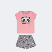 Pijama Kids Alakazoo Brilha no Escuro Panda Loading Rosa e Cinza - frente do pijama com estampa de panda