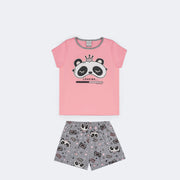 Pijama Feminino Pré-Adolescente Alakazoo Brilha no Escuro Panda Loading Rosa e Cinza - frente do pijama de panda