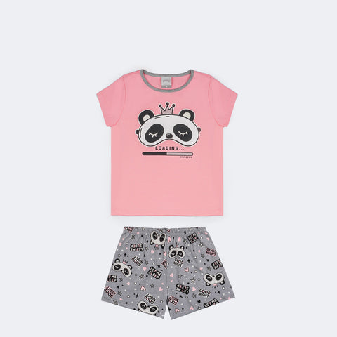 Pijama Feminino Pré-Adolescente Alakazoo Brilha no Escuro Panda Loading Rosa e Cinza - frente do pijama de panda