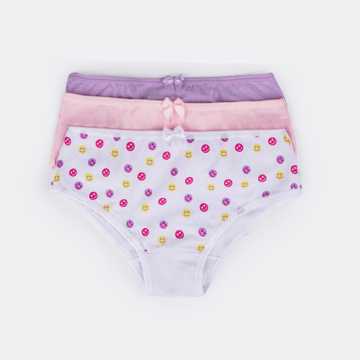 Kit Calcinha Infantil Pampili Sortidas Strass Coração e Emoji Branca Rosa e Lilás - kit calcinhas infantis