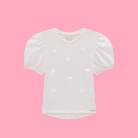 Camiseta Infantil Infanti Brilho Coração Strass  Off White - frente da T-Shirt 02 02 23