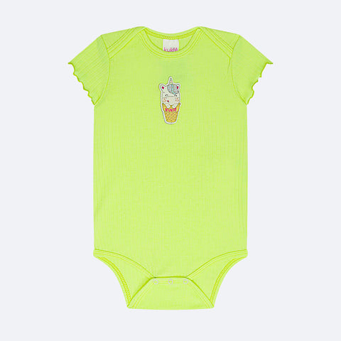 Body Bebê Kukiê Canelado Unicórnio Menta Neon - frente do body infantil feminino