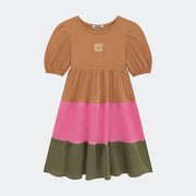 Vestido Infantil Kukiê Midi Camadas Caramelo Verde e Rosa - frente vestido infantil três marias