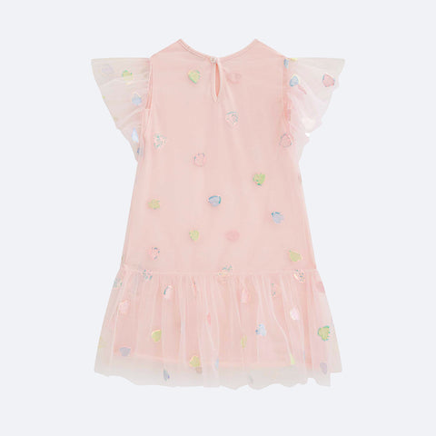 Vestido de Tule Infantil Infanti Paetê de Corações Rosa Clean - costas com fecho em botão