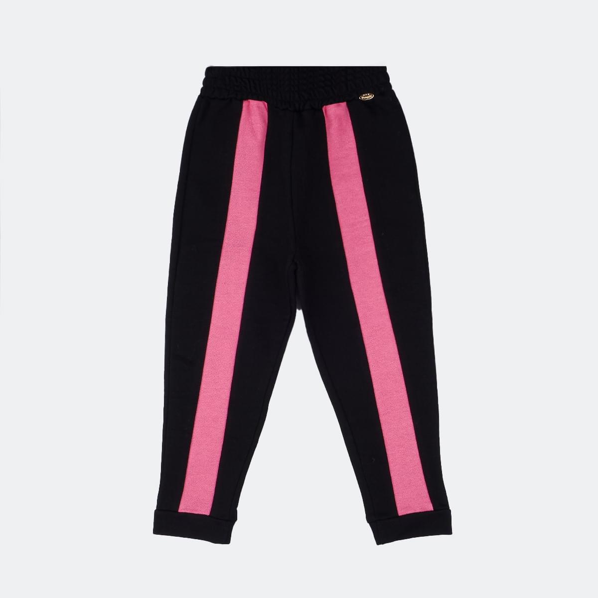 Calça Jogger Pampili Moletom Listra Preta e Rosa - frente calça infantil