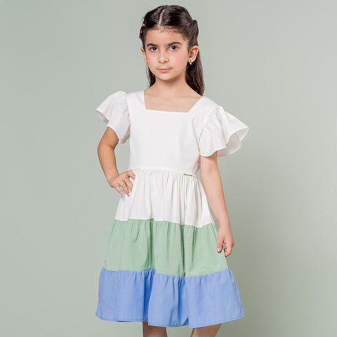 Vestido Infantil Bambollina Três Marias Manga Babado Off White - frente do vestido três marias na menina