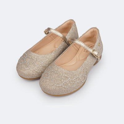 Sapato Infantil Feminino Pampili Angel Corações Strass Dourado - frente sapatilha dourada