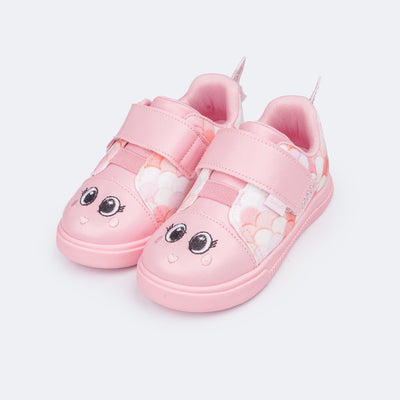 Tênis Infantil Feminino Pampili Pom Pom Peixinha Rosado e Colorido - frente do tênis infantil com glitter