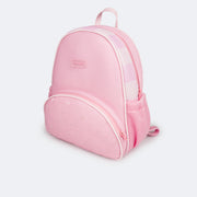 Mochila Infantil Pampili Matelassê Corações Rosado e Rosa Bebê - frente da mochila mostrando bolso com zíper 