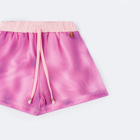 Short Feminino Pampili Tule Degradê Roxo e Rosa  - lateral do short com cordão 