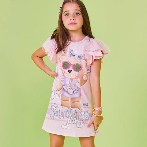 Vestido Infantil Kukiê Ursa Paetê e Strass Rosa - menina com o vestido rosa