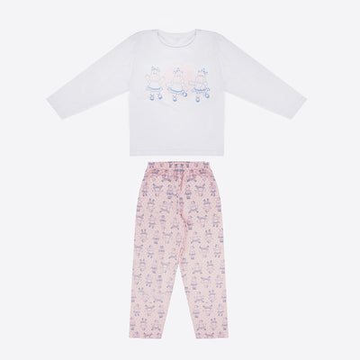 Pijama Infantil Cara de Criança Manga Longa Hipopótama Branco e Rosa - pijama juvenil feminino