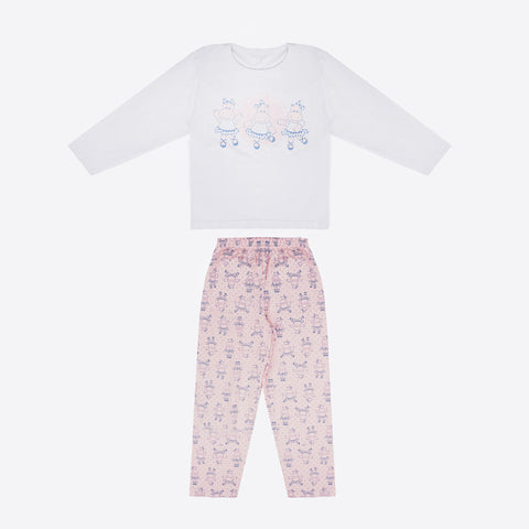 Pijama Infantil Cara de Criança Manga Longa Hipopótama Branco e Rosa - pijama juvenil feminino