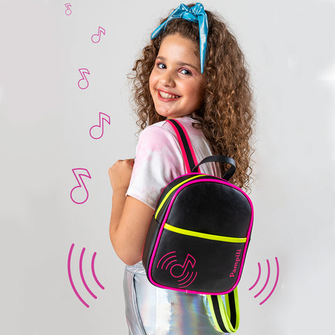 Mochila Infantil Feminina Music Up Detalhes em Neon Preta.