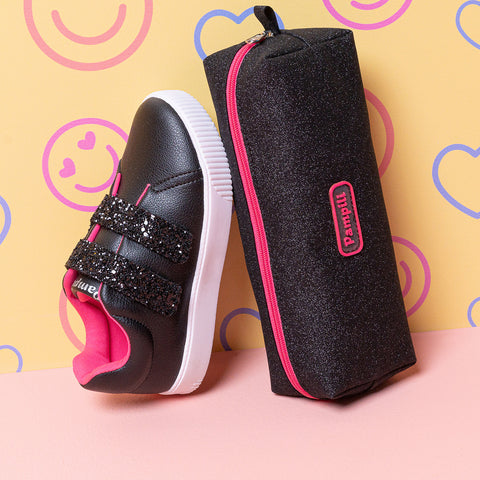 Tênis Infantil Feminino Volta Às Aulas Luna com Velcro e Glitter Preto - Ganhe Estojo Exclusivo.