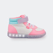 Tênis de Led Infantil Cano Médio Sneaker Luz Perfuros Branco e Colorido.