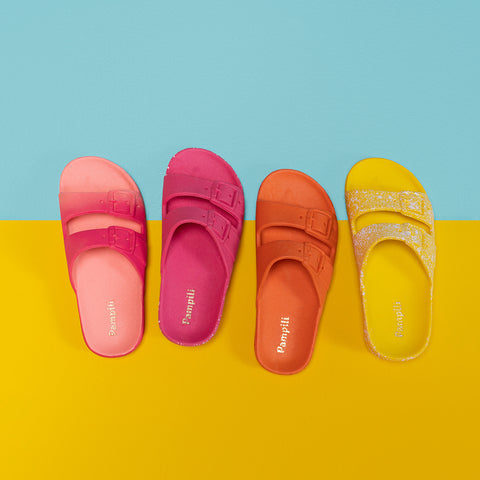 Chinelo Birken Infantil Pampili Likes Splash Coral e Pink.