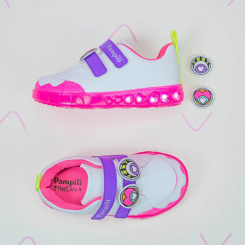 Tênis de Led Infantil Pampili Sneaker Luz Customizável Monstrinhos Branco e Colorido Neon - Vem com 4 Patches - tênis com patches