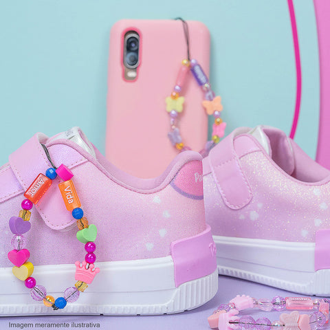 Tênis Infantil Feminino Pampili XP 21 Pam Surprise Strap Phone Estampa e Glitter Rosa Bale Novo - Vem com mimo especial - como usar o mimo