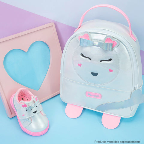 Tênis Infantil Feminino Pampili Pom Pom Bichinho Perolado Branco e Rosa - foto do tênis e bolsa da coleção