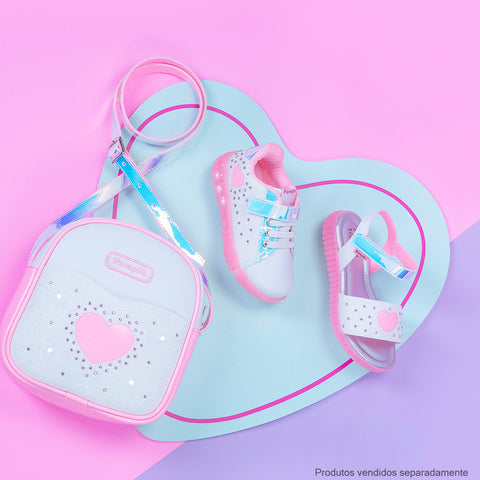 Tênis de Led Infantil Pampili Sneaker Seja Luz Glitter Strass Branco e Rosa Neon - coleção seja luz