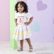 Camiseta Infantil Pampili Cetim Estampa Colorida e Strass Off White - look completo na menina