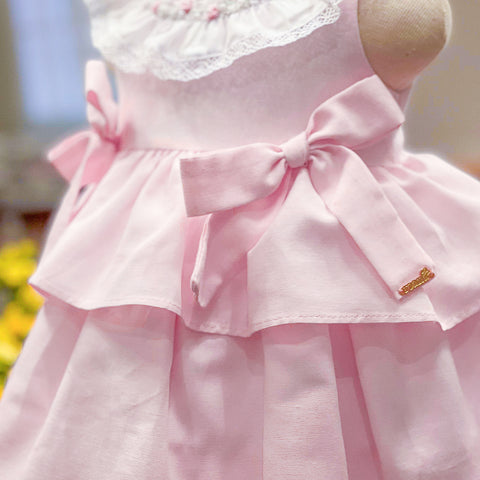 Vestido de Bebê Roana Babado Laço e Pérola Rosa.