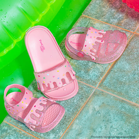 Chinelo Slide Infantil Pampili Fun Glee Doce Glitter Rosa Bebê - coleção glee