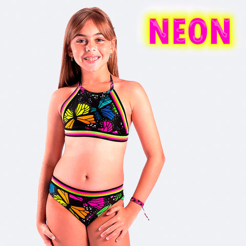 Biquíni Pré-Adolescente Top Cropped Viva Flor Borboleta Colorido Neon - Biquíni na Menina