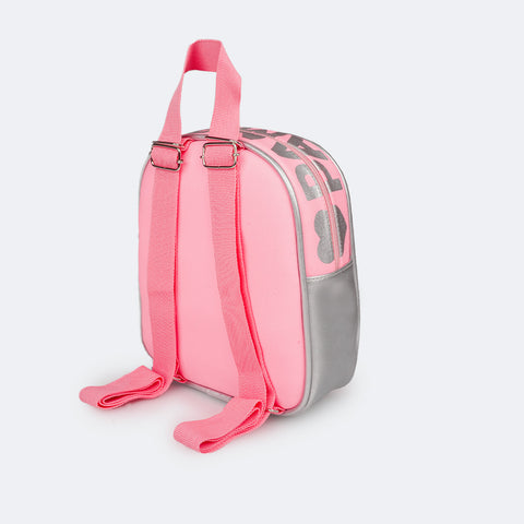 Bolsa Mochila Infantil Pampili Matelassê e Estampa Neon Holográfica Rosa e Prata - parte traseira com gorgurão 