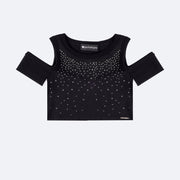 Cropped Infantil Perfumaria Canelado Strass Preto - frente do cropped infantil preto