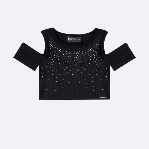 Cropped Infantil Perfumaria Canelado Strass Preto - frente do cropped infantil preto