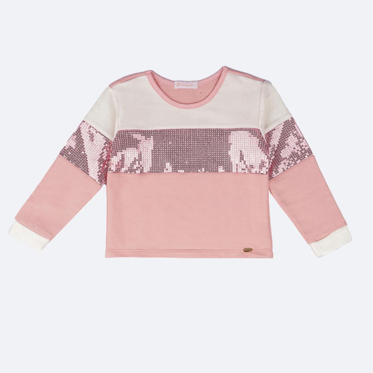 Blusa Infantil Pampili Paetê Rosa e Off White - frente blusa infantil feminina