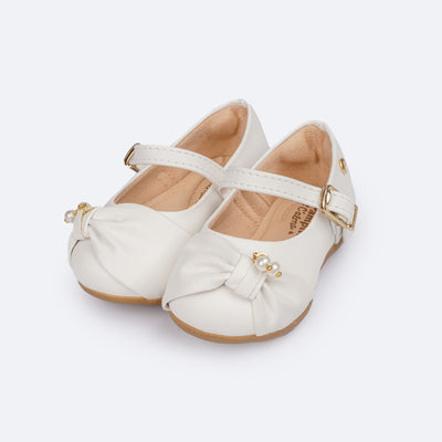 Sapato Infantil Pampili Mini Angel Nó e Pérolas Branco - frente do sapato infantil branco