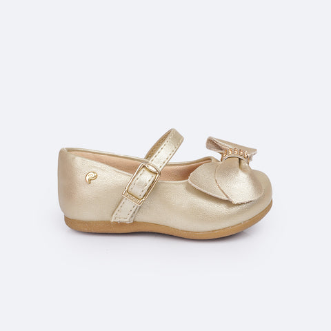 Sapato Infantil Pampili Mini Angel com Laço e Strass Dourado - lateral com fivela fácil para calçar