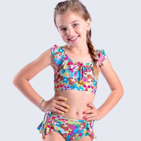 Biquíni kids Top Cropped Viva Flor Sereia com Babado e Estrela Colorido - 6 a 14 Anos - frente do biquíni na menina