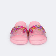 Chinelo Slide Infantil Pampili Fun Glee Carinha Feliz Rosa e Colorido - frente do chinelo com glitter