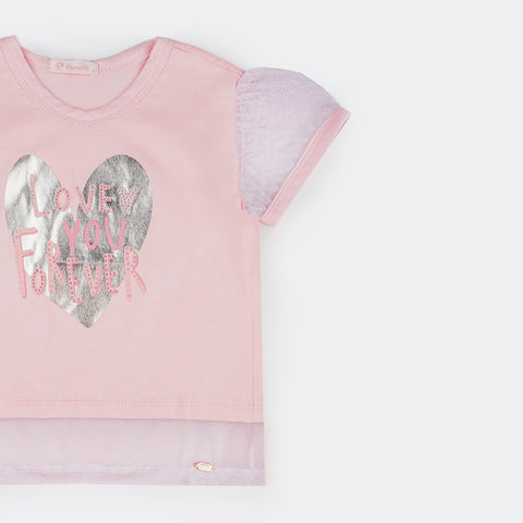 Camiseta Infantil Feminina Pampili Love You Forever Estampa Metalizada Rosa - foto da frente com detalhes em tule