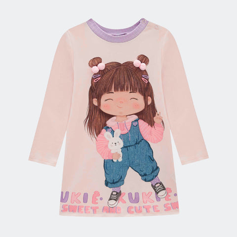 Vestido de Bebê Kukiê Manga Longa Menina Fofa Rosa - frente vestido bebê manga longa