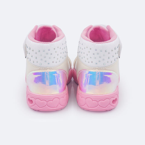 Tênis de Led Cano Médio Infantil Pampili Sneaker Luz Perolado Branco - traseira do tênis holográfico