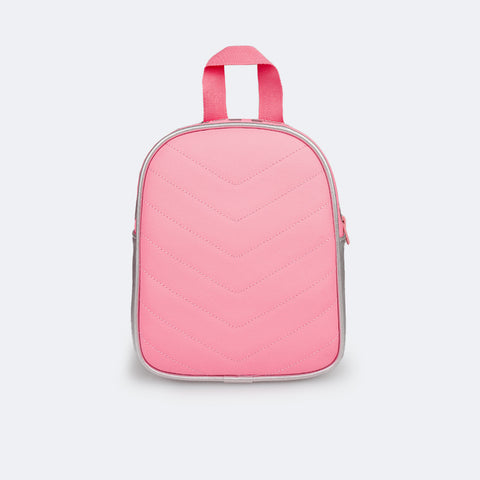 Bolsa Mochila Infantil Pampili Matelassê e Estampa Neon Holográfica Rosa e Prata - parte frontal com bordado 