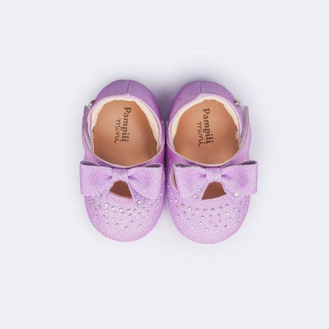 Sapato de Bebê Pampili Nina Momentos Especiais Glitter Strass Laço Lilás - interior forrado e macio