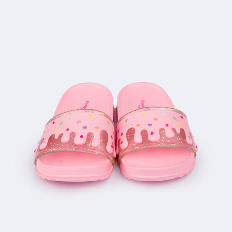 Chinelo Infantil Pampili Fun Glee Glitter Dourado Rosa Bebê - frente do chinelo slide 